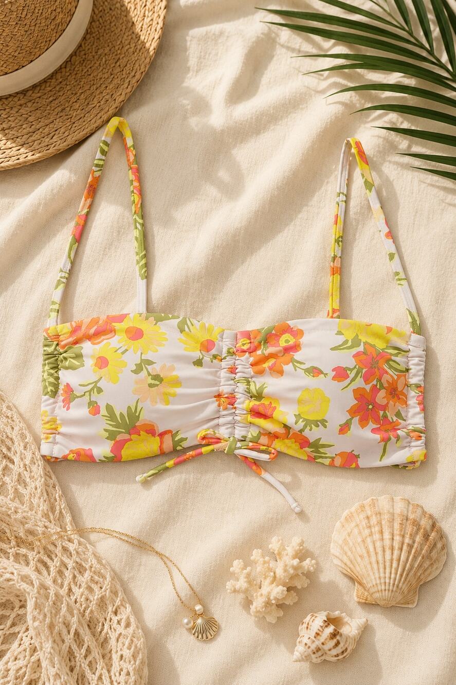 NWT Aerie Women's Ruched Bandeau Bikini Top Purple Space (Light Pink Floral) L